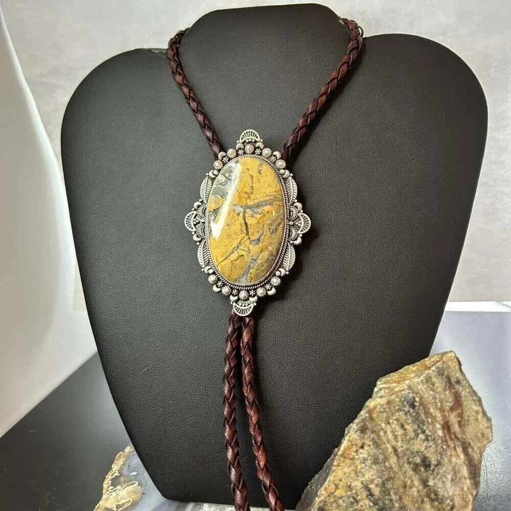 Sterling Southwestern Style Large Oval Picture Jasper Decorated Bolo Tie For Men